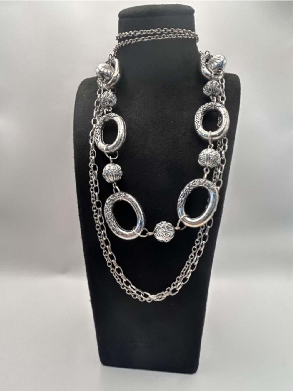 Necklace Silver Tone Layered Chain Statement Oval Link Floral Beads 30 Inch